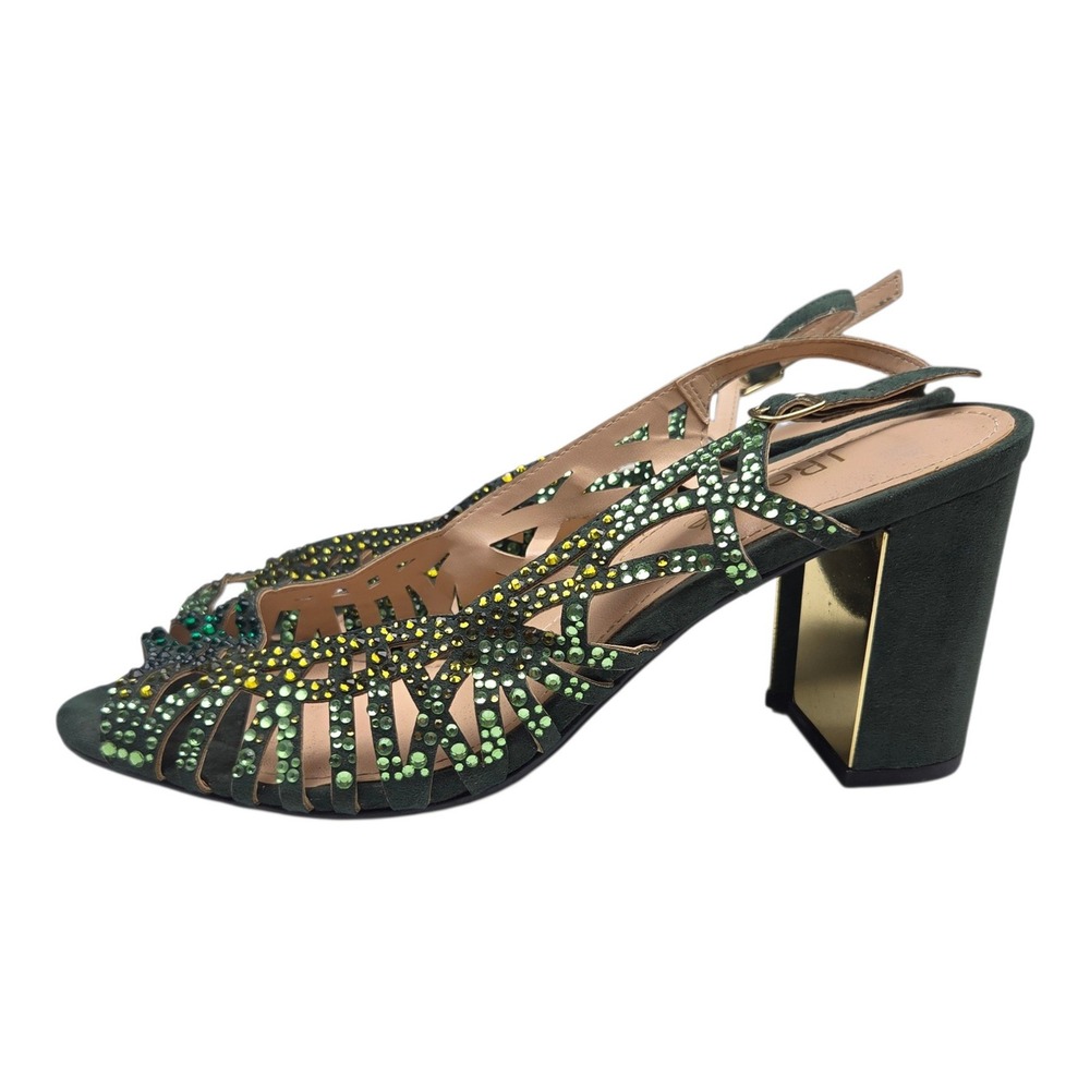 J. Renee Tahira Slingback Heels 8.5 M Green Rhinestone Cage Block Heel Pump